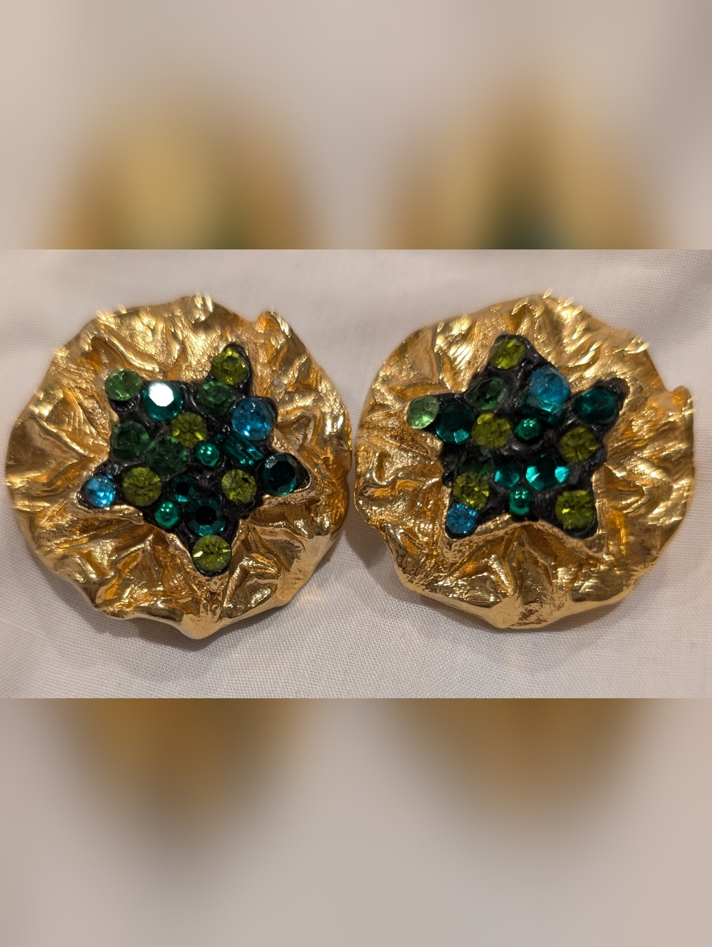Jacky De G Gold-Tone Statement Earrings with Green & Teal Crystals